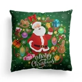 Festive forest green Christmas pillowcase with Santa Claus and holiday illustrations - Green Santa Wreath (DRD303-2) / 18x18 Inch