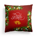 Red Christmas pillow cover with Merry Christmas text and golden bells design - Red Bells Pine Branch (DRD303-7) / 18x18 Inch