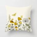 Square cushion cover featuring yellow flowers, birds, and butterflies on beige fabric - Off-white Flower Bird Illustration (DRD309-10) / 18x18 Inch