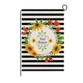 Vertical garden flag with sunflower wreath and black stripes on linen fabric - Black and White Stripe Sunflower Style (QZ002-4)