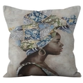 Bohemian style square pillow cover with African woman portrait and colorful artistic turban - African Woman with Patchwork Turban (DRD239-1)