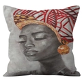 Artistic African woman portrait cushion cover with vibrant red and yellow headwrap - African Woman with Red and Yellow Headpiece (DRD239-2)