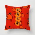 Festive red square cushion cover with orange illustration and Chinese lucky characters - Good Luck Style (CRS32-8)