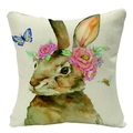 Easter linen pillow cover with watercolor brown rabbit and floral crown design - 18x18 Inch / Brown Bunny with Flower Crown (YMD57-10)