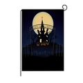Halloween garden flag with pumpkin and haunted house silhouette on blue flax background - Yellow Moon Castle Pumpkin Style (QZ004-10)