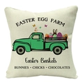 Linen Easter pillow cover with vintage green truck, colorful eggs, and rabbit pattern - 18x18 Inch / Retro Green Pickup and Egg Farm (YMD57-15)