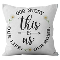 Modern white daisy throw pillow cover with Our Story and This Is Us sentimental typography - 45x45 Square (No Insert) / White Warm Quote Circle (DRD251-10)