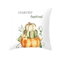Detail of harvest pumpkin watercolor design on a white linen Thanksgiving cushion cover - Harvest Festival Celebration Style (DRD255-18)