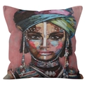 African woman portrait throw pillow cover featuring a colorful artistic oil painting print - 45x45cm / African Woman with Teal Turban (DRD239-5)