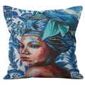 African woman portrait throw pillow cover in blue headwrap style on white background - 45x45cm / African Woman Blue Turban Floral Style (DRD239-7)