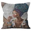 Artistic African woman portrait cushion cover with colorful geometric headscarf detail - 45x45cm / African Woman with Ornate Jewelry (DRD239-8)