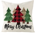 Detail van linnen kerstkussenhoes met feestelijke bomen en tekst Merry Christmas - Kerstboom Stijl (YMD204-1) / 45x45 cm