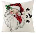 Detail van kerstkussensloop met retro kerstman en rustieke Ho Ho Ho typografie op linnen - Kerstman Stijl (YMD204-2) / 45x45 cm