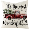 Kerst kussenhoes van linnen met vintage rode vrachtwagen en kerstboom motief - Vintage Rode Truck Stijl (YMD204-3) / 45x45 cm