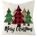 Kerst kussensloop van linnen met geruit boommotief en Merry Christmas tekst - Kerstboom Stijl (YMD204-1) / 45x45 cm