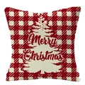 Christmas buffalo plaid linen pillow cover with white tree and Merry Christmas text - 45x45cm / Christmas Tree Plaid (YMD53-1)