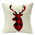 Linen Christmas pillow cover with red buffalo plaid reindeer silhouette pattern - 45x45cm / Beige Plaid Reindeer Head (YMD53-7)