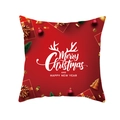 Detail of red festive Christmas pillowcase with holiday ornaments and greeting text - Red Box Antler Text Style (DRD257-24)