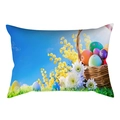 Funda de cojín de Pascua con cesta de huevos y flores sobre fondo azul claro - Cesta Huevos Margaritas (DRD231-14) / 30x50