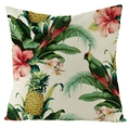 Dettaglio della fodera per cuscino in lino con pappagalli, ananas e foglie tropicali - Stile Pappagallo Ananas Beige (FSYM01-2)