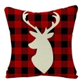 Red and black buffalo plaid Christmas pillow cover with white reindeer silhouette - 45x45cm / Red Black Plaid White Deer (YMD53-21)