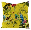 Detailed macro view of tropical parrot print on yellow waterproof linen cushion cover fabric - Fsym01-6 / 18x18 Inch