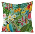 Detailed macro view of tropical parrot print on waterproof linen outdoor pillow cover - Light Blue Macaw Style (FSYM01-7)