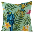 Detail of waterproof linen cushion cover featuring tropical palm leaves and parrots - Fsym01-8 / 18x18 Inch