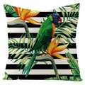 Federa impermeabile in lino con motivo a pappagallo tropicale e fiori d'uccello del paradiso - Stile Ara a Righe Bianche e Nere (FSYM01-1) / 45*45cm
