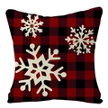 Square red and black buffalo plaid pillow cover with white snowflake print - 45x45cm / Red Black Plaid White Snow (YMD53-25)