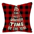 Christmas red and black buffalo plaid linen pillow cover with festive tree-shaped text - 45x45cm / Red Black Plaid Wonderful Text (YMD53-26)