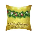 Dettaglio del copricuscino natalizio dorato con rami di pino e decorazioni festive - 45x45cm / Stile Scatola Regalo Pino Orizzontale (DRD263-5)