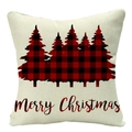 Linen Christmas pillowcase with red black plaid trees and Merry Christmas text - 45x45cm / Beige Red Black Plaid Five Trees (YMD53-28)
