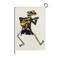 Linen Halloween garden flag with skeleton guitarist print and black metal stand - Tuxedo Guitar Skull Style (QZ005-4)