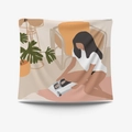 Morandi style wall tapestry featuring minimalist woman reading on pink rug illustration - Brushed Fabric-95X73 / Reading Woman (GT34-4)