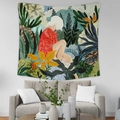 Artistic wall tapestry showing a woman among tropical plants in a modern living room decor - 95X73 Brushed Fabric / Polka Dot Tropical Plant Woman Pattern (GT36-8)