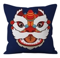 Dunkelblauer Kissenbezug mit lebendiger Cartoon-Löwentanz-Stickerei im China-Stil - Löwentanz (CRS01-11) / 45*45cm (Ohne Kern)