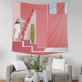 Pink modern minimalist tapestry with desert girl motif over a fabric sofa in living room - 95X73 Brushed Fabric / Straw Hat White Dress Woman on Stairs (GT36-11)