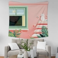 Detail of Nordic tapestry showing fabric texture and illustration of a white cat and plants - 95X73 Brushed Fabric / Fresh White Cat on Stairs Pattern (GT36-12)