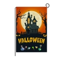 Halloween garden flag featuring pumpkins and haunted castle on a black metal stand - Orange Black Castle Pumpkin Style (QZ004-5)