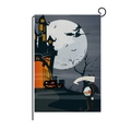 Halloween garden flag with pumpkins, castle silhouette, and witch on linen fabric - Witch Reaper Castle Style (QZ004-6)