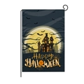 Halloween garden flag with pumpkin moon and spooky castle print on linen fabric - Night Blue Castle Pumpkin Style (QZ004-7)