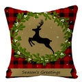 Christmas buffalo plaid linen pillow cover with reindeer silhouette and floral wreath - 45x45cm / Red Black Plaid Wreath Greetings (YMD53-39)