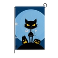 Halloween garden flag with black cat and glowing pumpkin on a decorative metal stand - Black Cat Pumpkin Blue Moon Style (QZ004-13)
