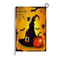 Halloween garden flag with purple wizard hat and glowing pumpkin lantern on orange linen - Witch Hat Pumpkin Torn Edge Style (QZ004-17)