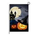 Halloween garden flag with pumpkin and witch hat on a black metal stake stand - Pumpkin In Witch Hat Castle Style (QZ004-18)