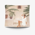 Square Morandi decorative pillow with tropical art illustration of a woman and palm leaves - Brushed Fabric-95X73 / Vacation Woman with Sunglasses (GT34-23)