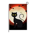 Halloween garden flag featuring a black cat and full moon on linen fabric with stand - Black Cat Moon Red Sky Style (QZ004-20)