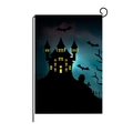 Halloween garden flag with a black castle and bats design on a metal stand hanger - Dark Blue Castle Bat Style (QZ004-21)