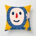 Close-up of peach skin pillowcase with cute yellow cartoon face and blue striped hat - 18x18 Inch / Blue Striped Headwear (DRD266-5)